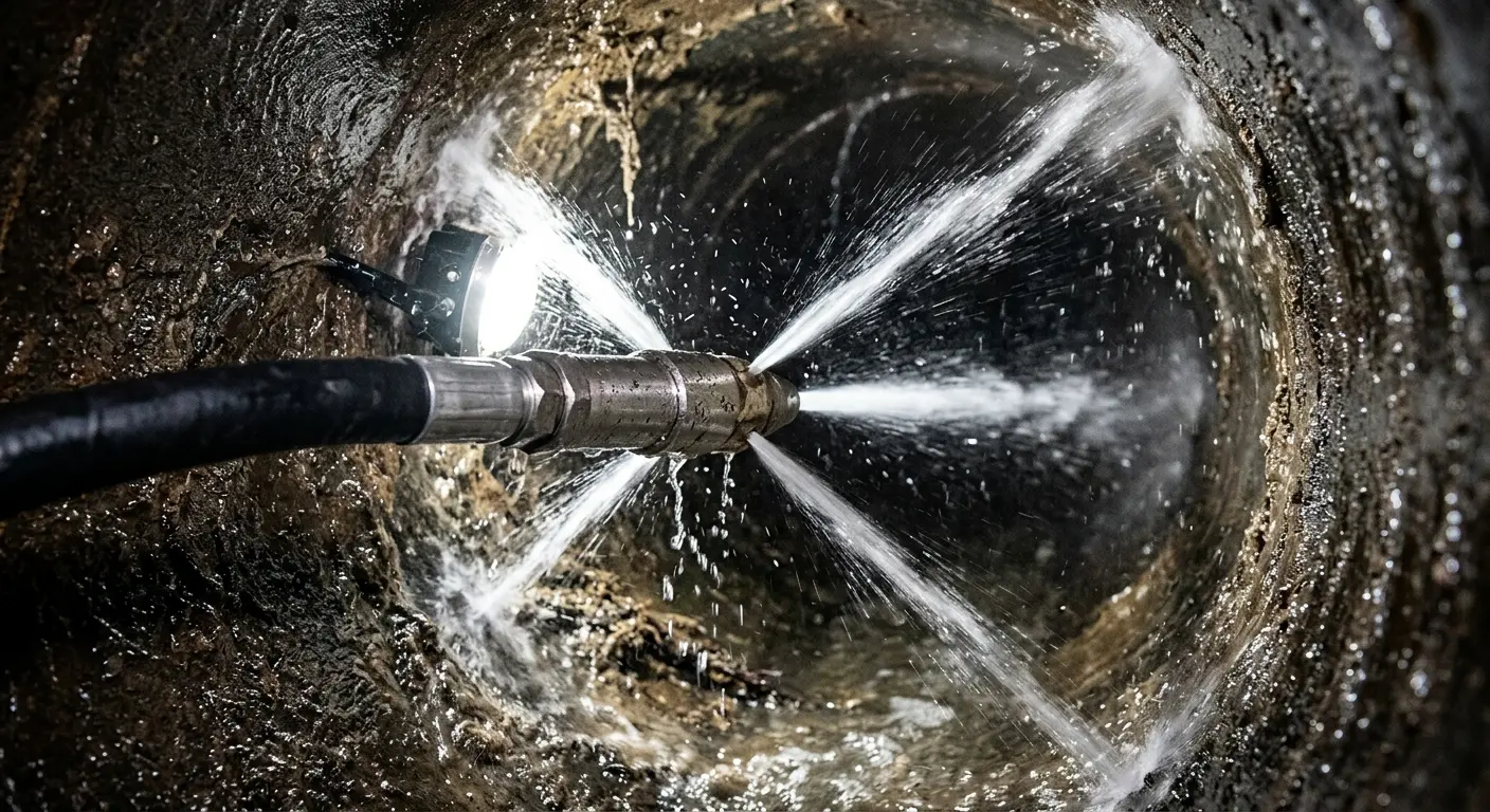 High-pressure hydro jetting nozzle cleaning sewer pipe for Emergency Drain Service in St. Joseph