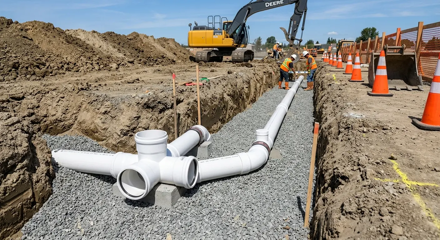 New PVC sewer pipe installation in open trench for Commercial Drain Cleaning in St. Joseph